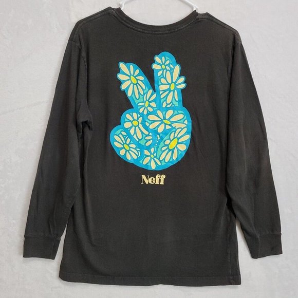 Neff Men's Black Long Sleeve T-Shirt Size M Peace Sign Retro Surf Skate Sk8 - Picture 1 of 10